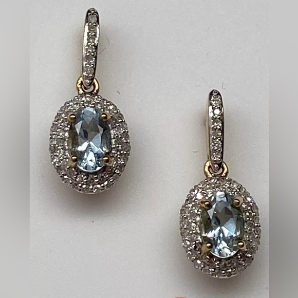 10K Yellow Gold Oval Shape Aquamarine and 0.35ct twt Diamond Dangle Earrings New